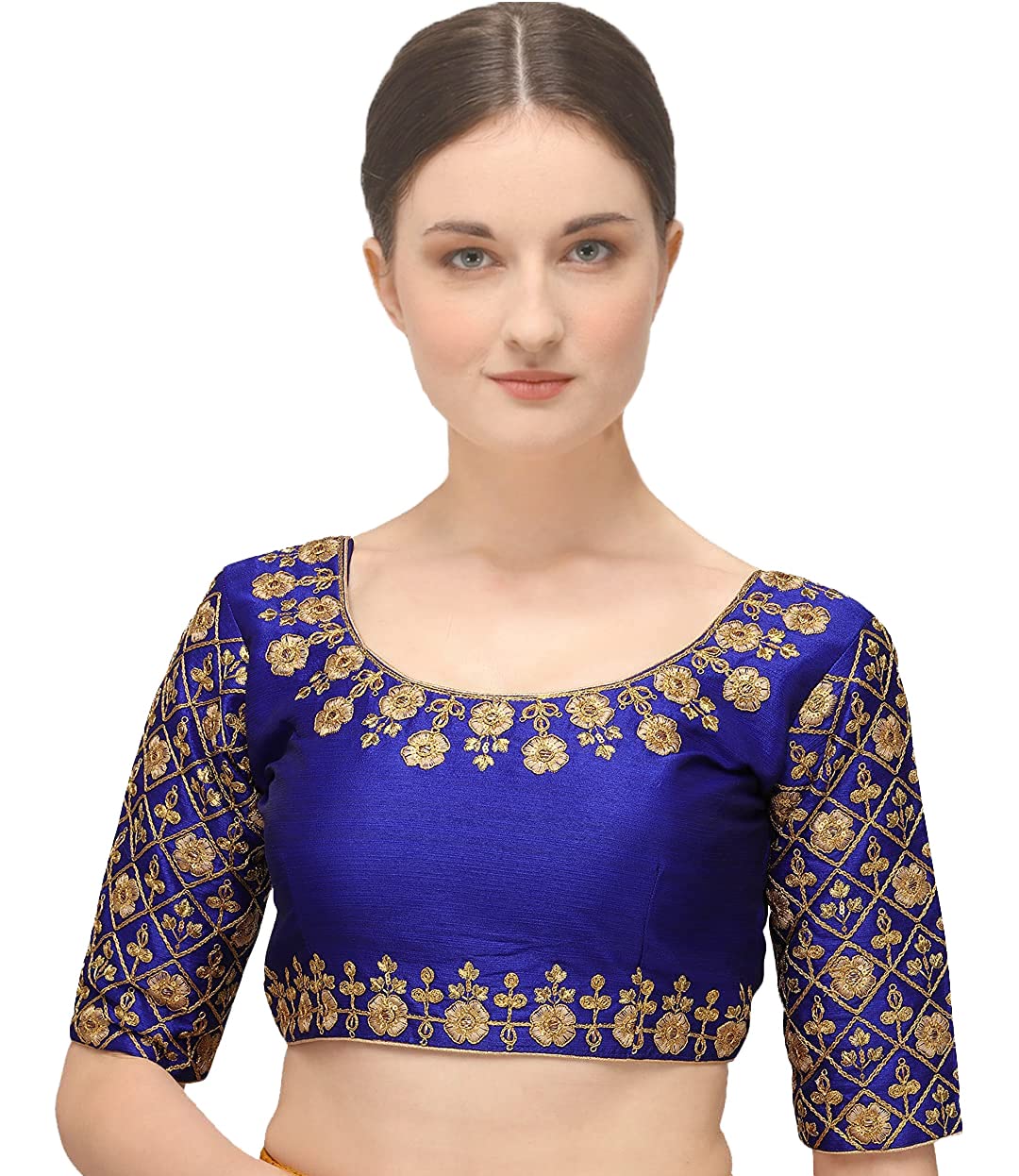 Pujia Mills Embroiderd Work Phantom Silk Readymade Blouse Royal