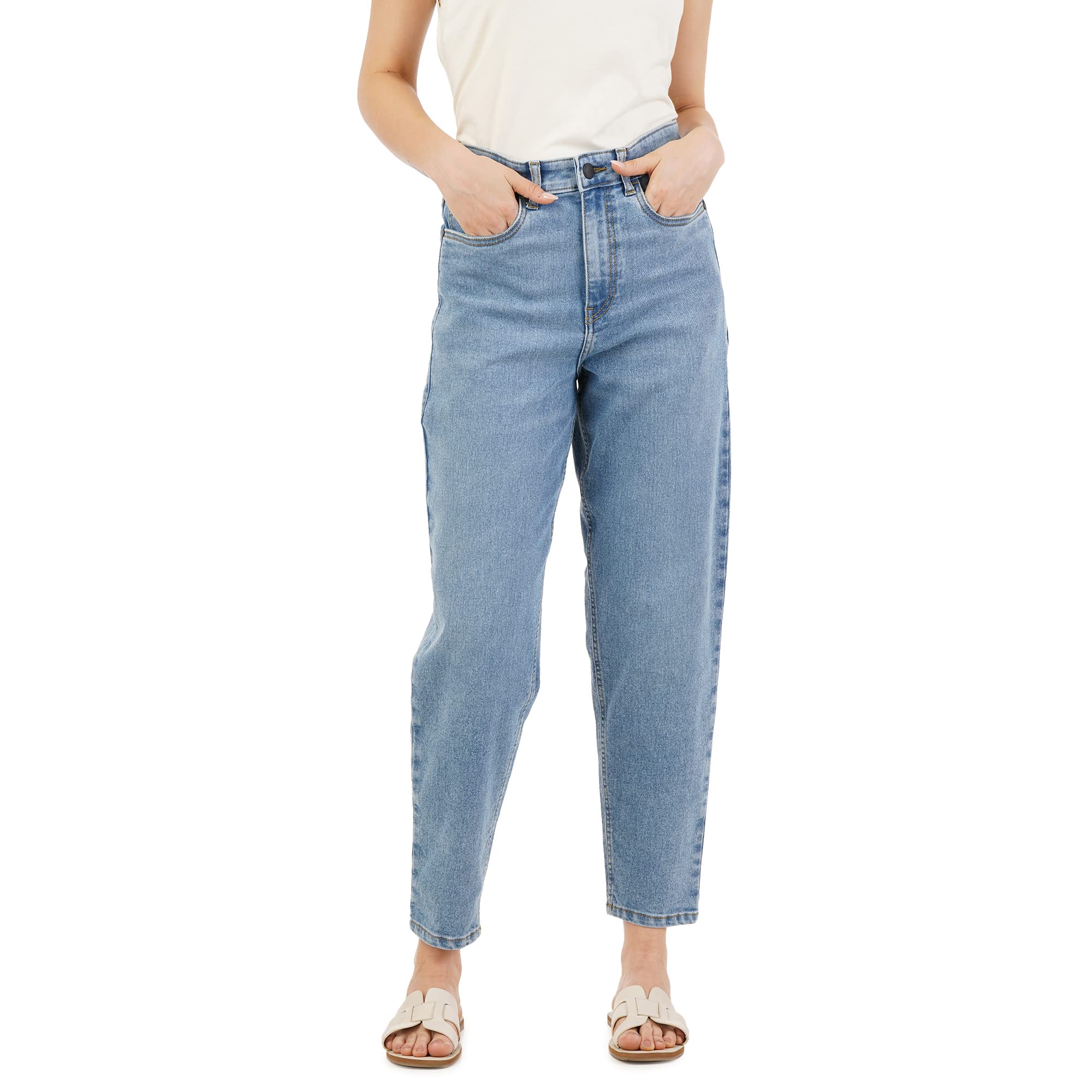 INKD Womens Stretchable Barrel Fit High Rise Jeans (Denim Drama, 32)