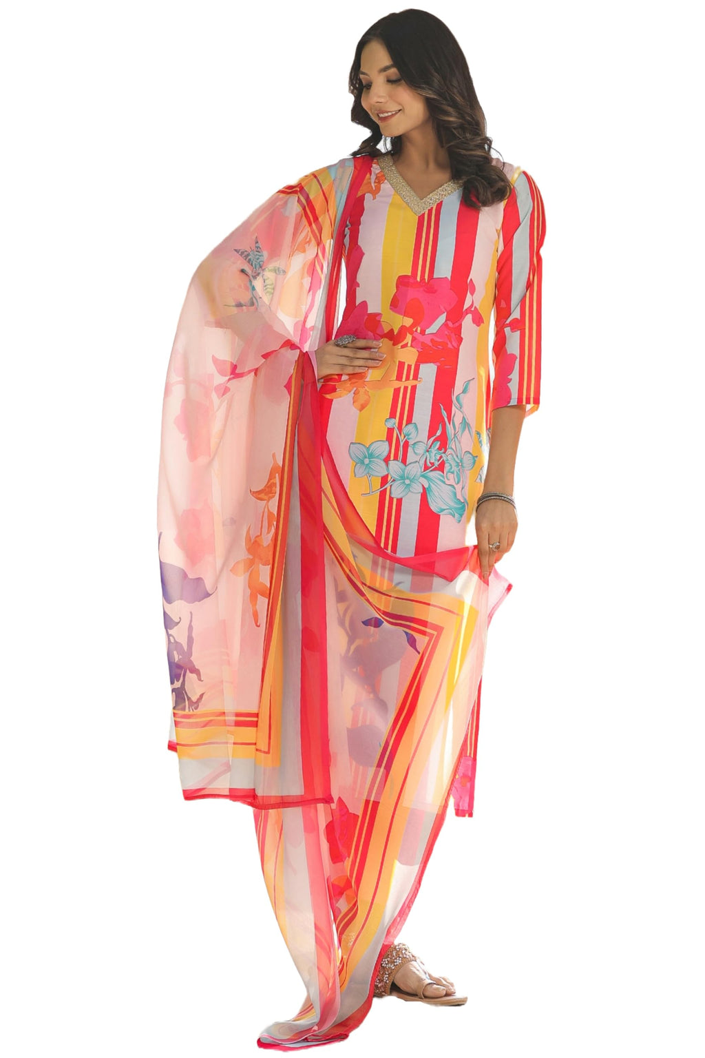 ANNI DESIGNER Womens Cotton Blend Straight Printed Kurta with Pant & Dupatta (Kapila Red_XL_Red_X-Large)