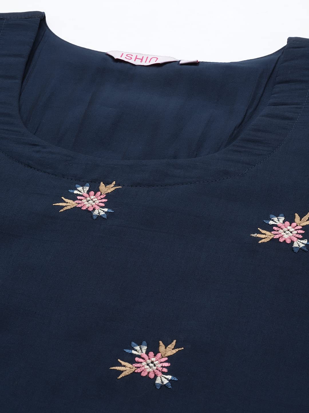 Ishin Women'S Silk Blend Navy Blue Embroidered Straight Kurta Suit Set With Trousers & Dupatta