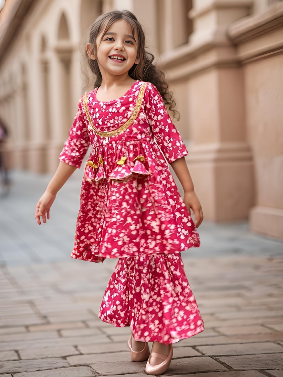 A.T.U.N. (All Things Uber Nice) A.T.U.N. Girls Ethnic Wear Sharara | Floral Fuchsia Printed Kurta With Sharara Set For Girls