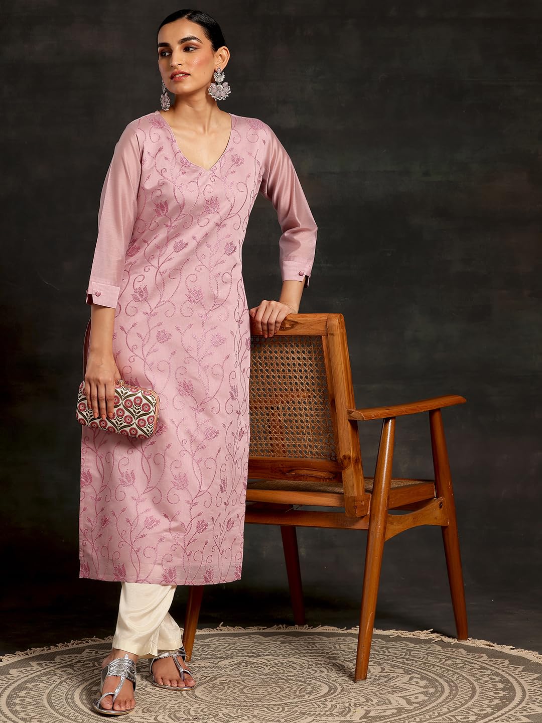 Libas Mauve Embroidered Silk Straight Kurta