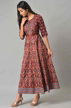 W For Woman Dark Brown Floral Printed Embroidered Glitter A-Line Dress