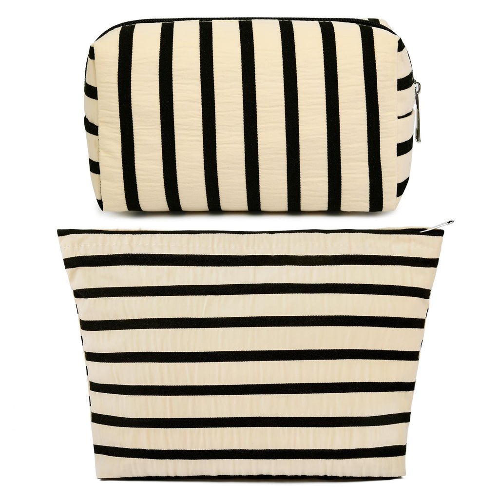 SOIDRAM 2 Pieces Makeup Bag Large Stripe Cosmetic Bag Capacity Canvas Mix Travel Toiletry Bag Organizer Cute Makeup Brushes Aest