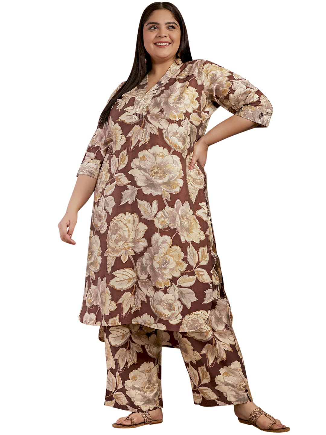 Extra Love By Libas Women'S Silk Blend Printed Co-Ords (15628_Brown_6Xl)