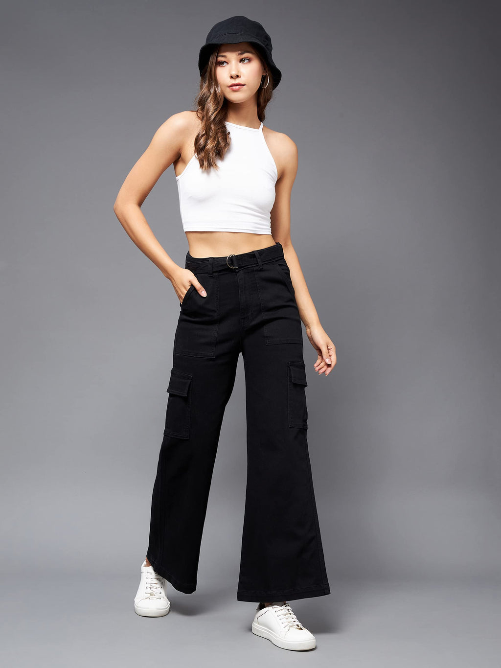 Miss Chase WomenS Wide Leg High Rise Clean Look Regular Stretchable Denim Jeans Black