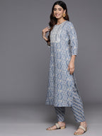 Varanga Women Blue Abstract Printed Embroidered Kurta Paired With Bottom And Dupatta