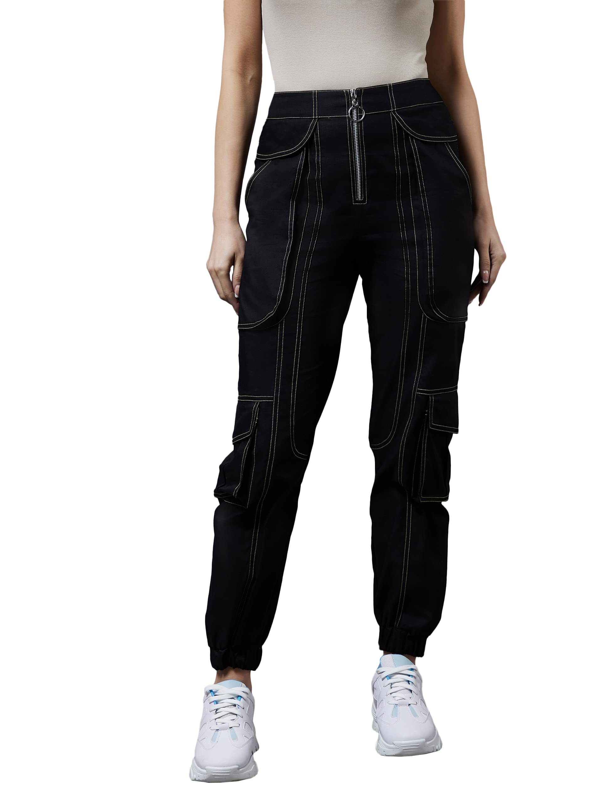 Miss Chase Womens Black Cotton Solid Paneled Regular Joggers (MCSS22BT10-14-62-06, Black, XL)