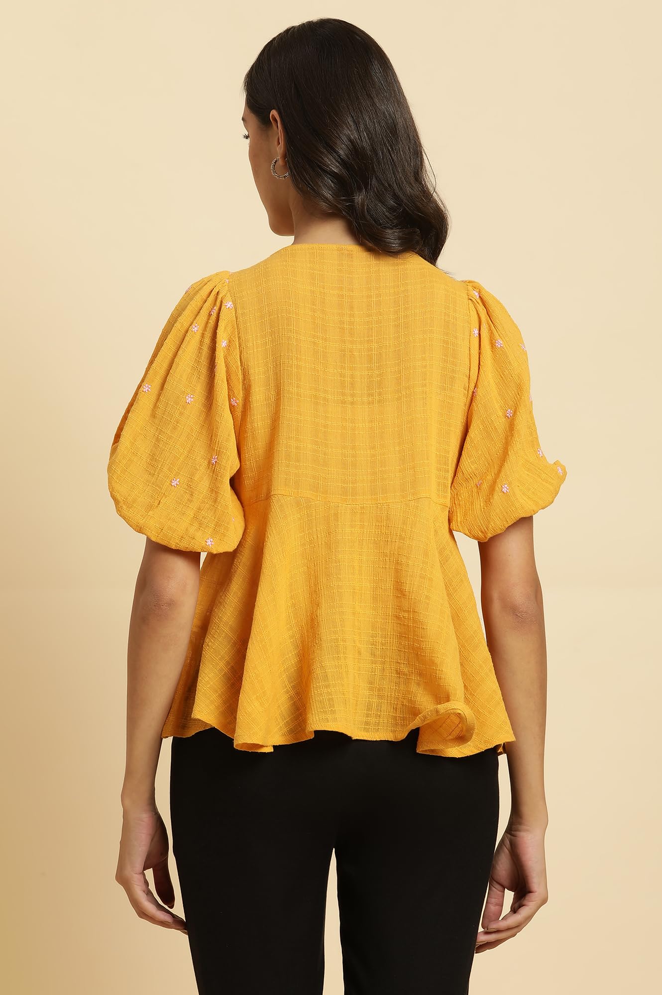 W Yellow Cotton Embroidered Peplum Top for Women