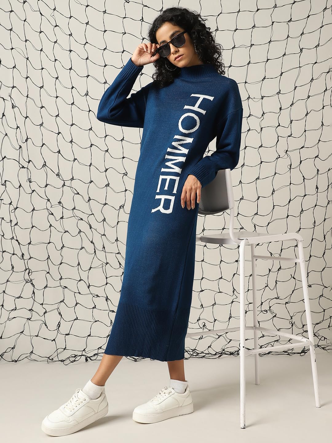 Hubberholme Women Acrylic Knitted Loose Fit Turtle Neck Full Sleeves Bodycon Dresses Navy