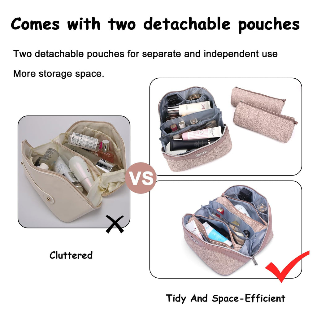 BOYATU Travel Makeup Bag for Women: Large Cosmetic Bag Set of 3 - Vegan Leather Make up Bag with Compartments - Compact Waterpro