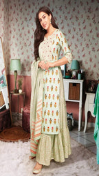 Anni Designer Women'S Cotton Blend Straight Printed Kurta With Sharara & Dupatta