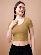 Pujia Mills WomenS Readymade Dobby Cotton Lycra Stretchable Round Neck Short Sleeve Blouse Fancy Gold Color Lycra Stretchable B