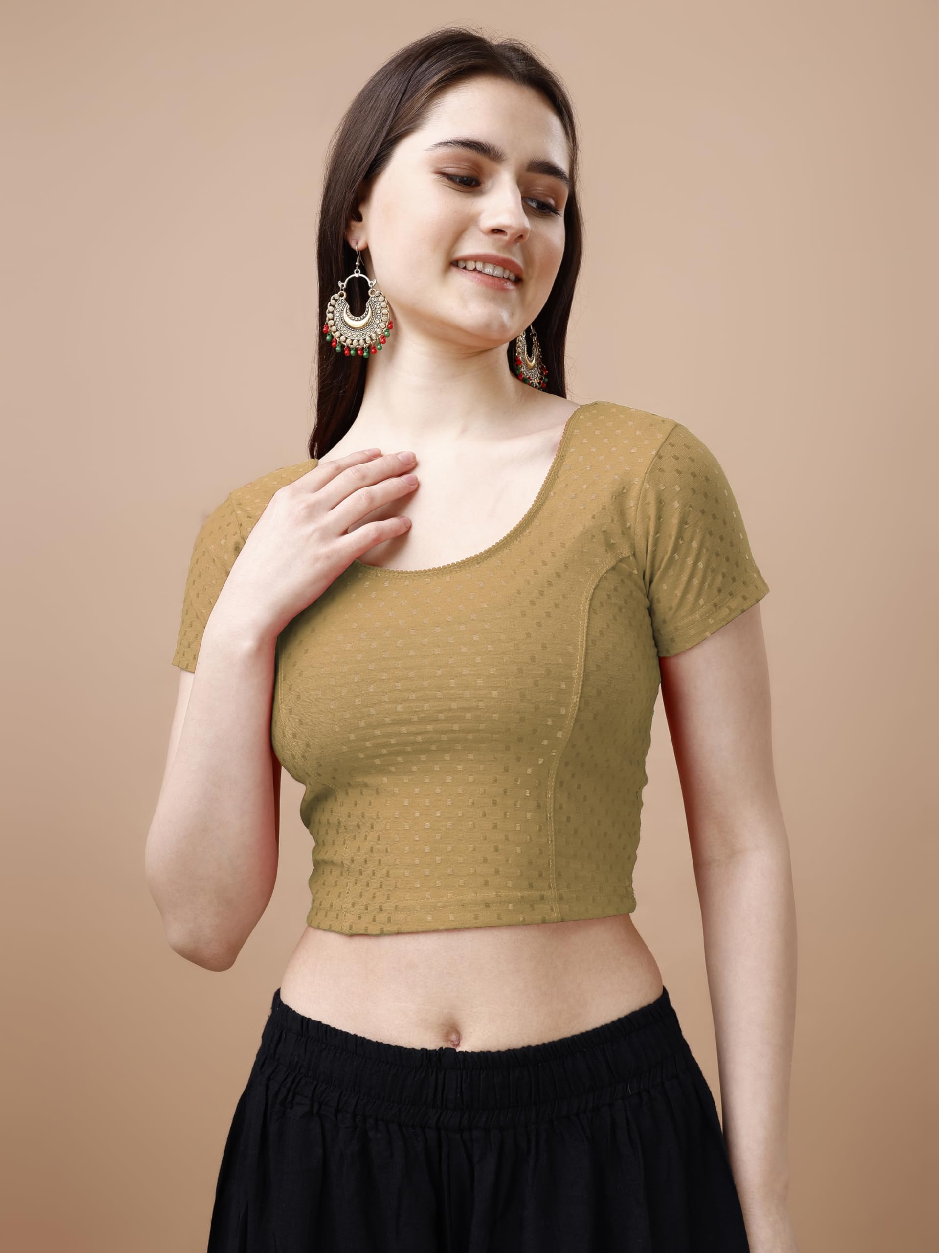 Pujia Mills WomenS Readymade Dobby Cotton Lycra Stretchable Round Neck Short Sleeve Blouse Fancy Gold Color Lycra Stretchable B
