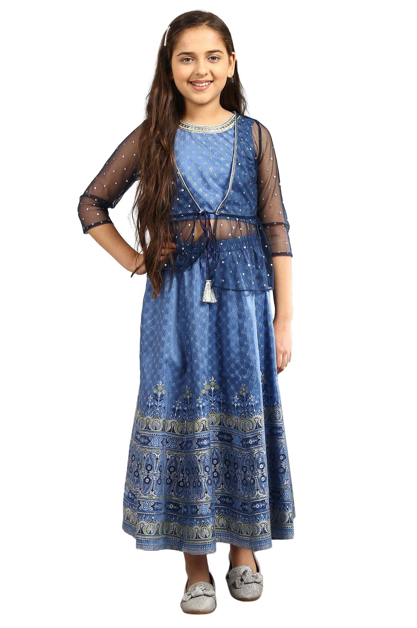 Blue Printed Top-Gilet-Skirt Girls Set