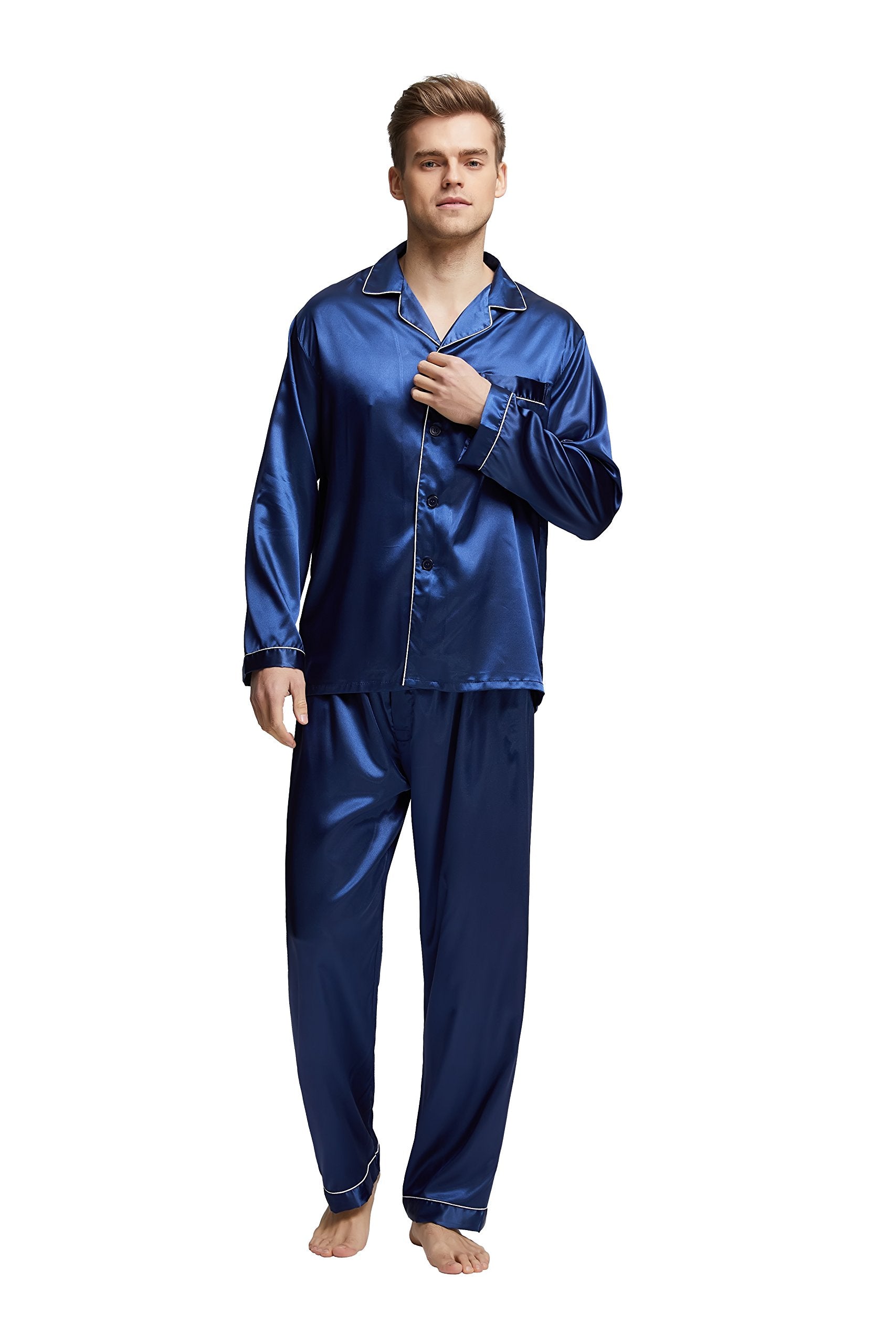 Tony & Candice Men's Classic Satin Pajama Set Sleepwear (Medium, Blue with White Piping)
