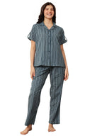 Clovia Women Rayon Blend Sassy Stripes Button Me Up Shirt & Pyjama Set (LS0385O08_Blue_XXL)