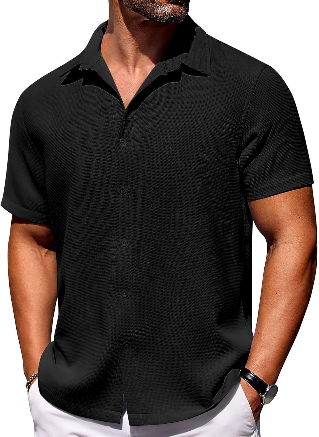 CB-COLEBROOK Mens Waffle Knit Shirt Short Sleeve Button Down Shirts Casual Beach Vacation Shirts Latest Textured Wrinkle Free Sh