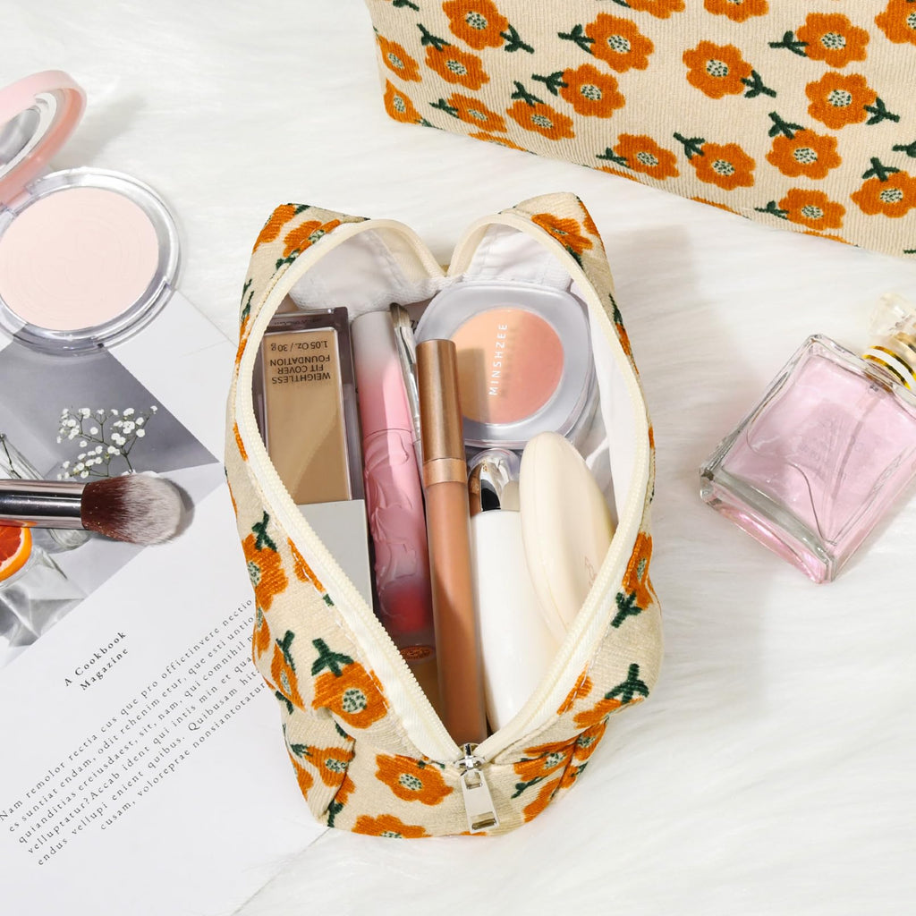 SOIDRAM 2 Pieces Flower Makeup Bag Large Corduroy Cosmetic Bag Capacity Canvas Mix Travel Toiletry Bag Organizer Cute Makeup Bru