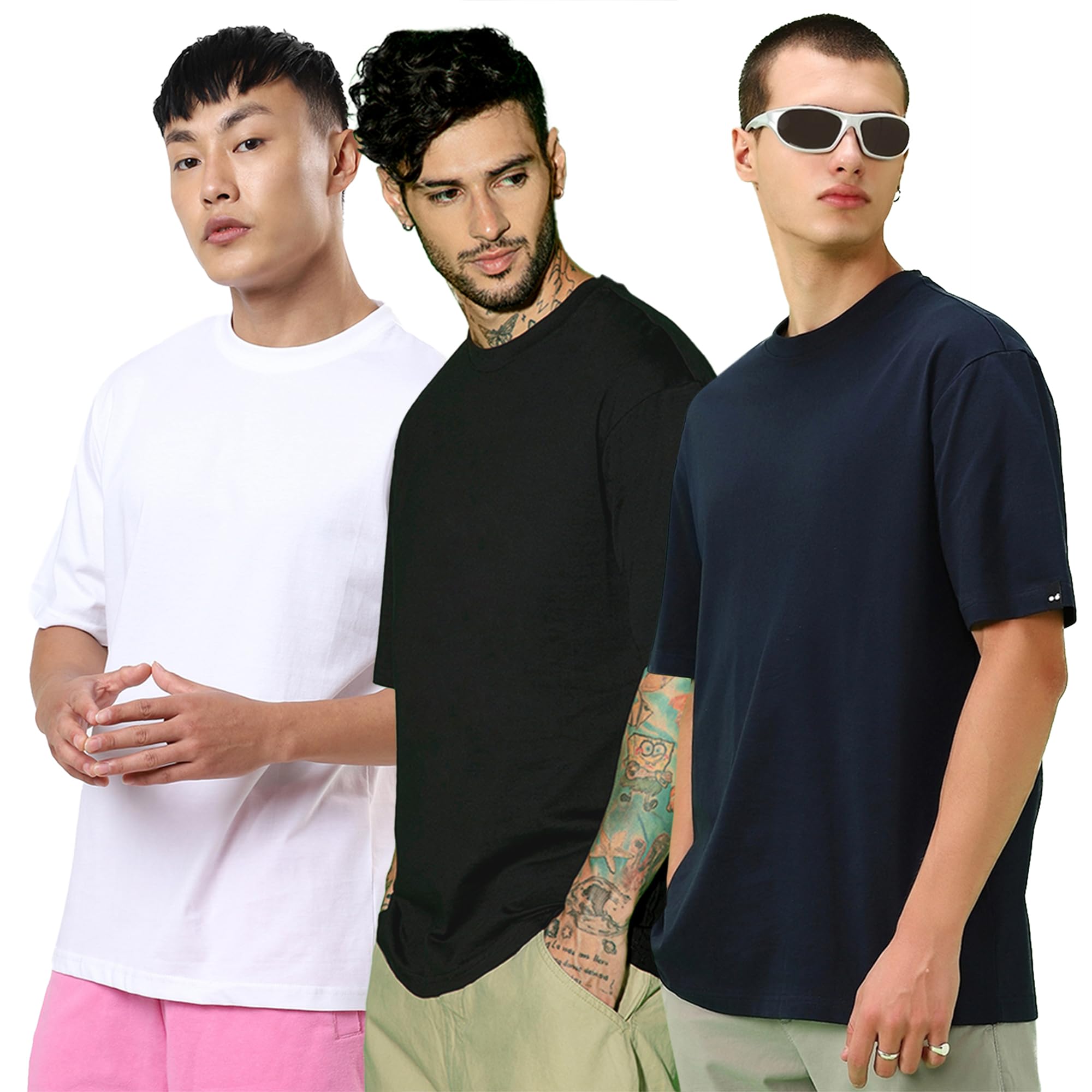 Bewakoof Mens Solid Oversized Fit Half Sleeve Round Neck Cotton T-Shirt (Pack of 3)_B1-439420-439421-439435_Multicolor_2XL