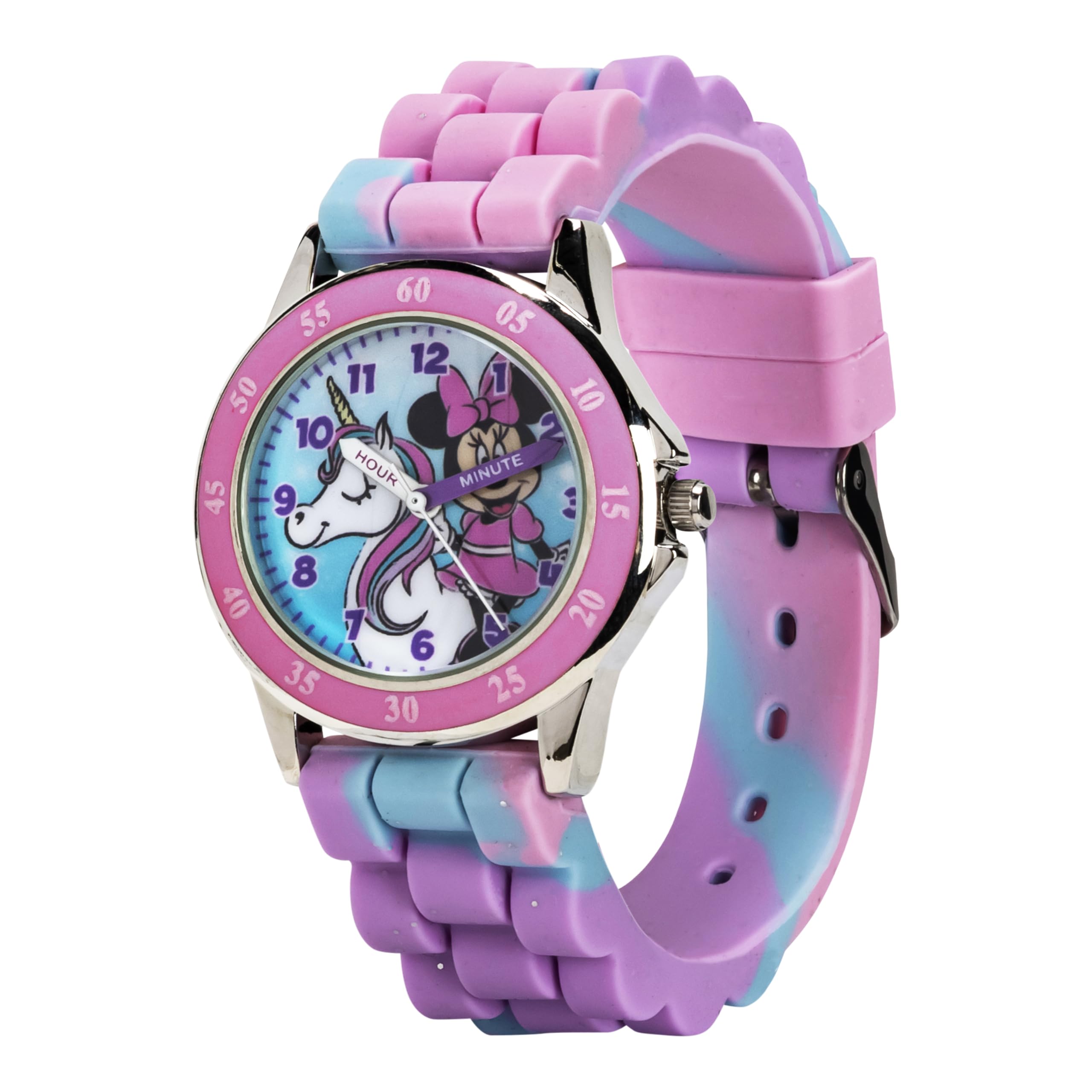 Disney Minnie Mouse Kids Time Teacher Watch with Hour & Minute Hands, Easy-to-Read Dial, and Glitter Silicone Strap - Pink & Blu