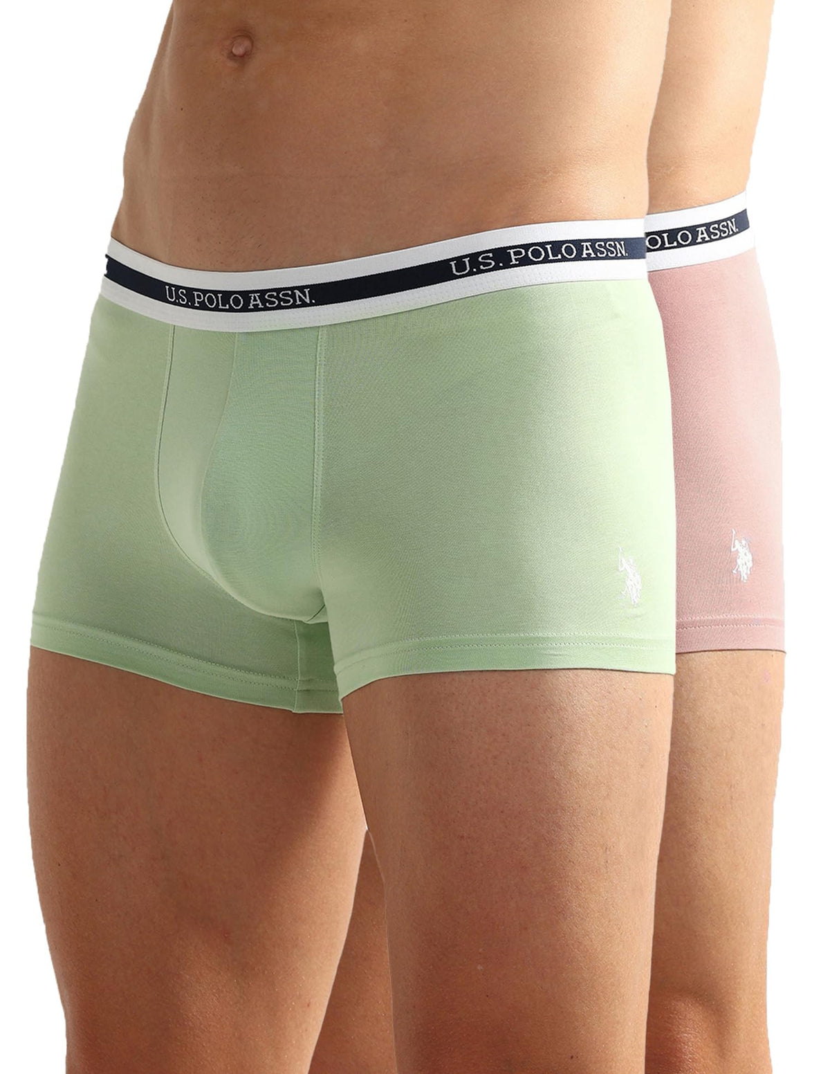 U.S. Polo Assn. Mens Elastic Waistband Ribbed Solid Oet09 Trunks  Pack Of 2 Pastel Peach  Pastel Green M