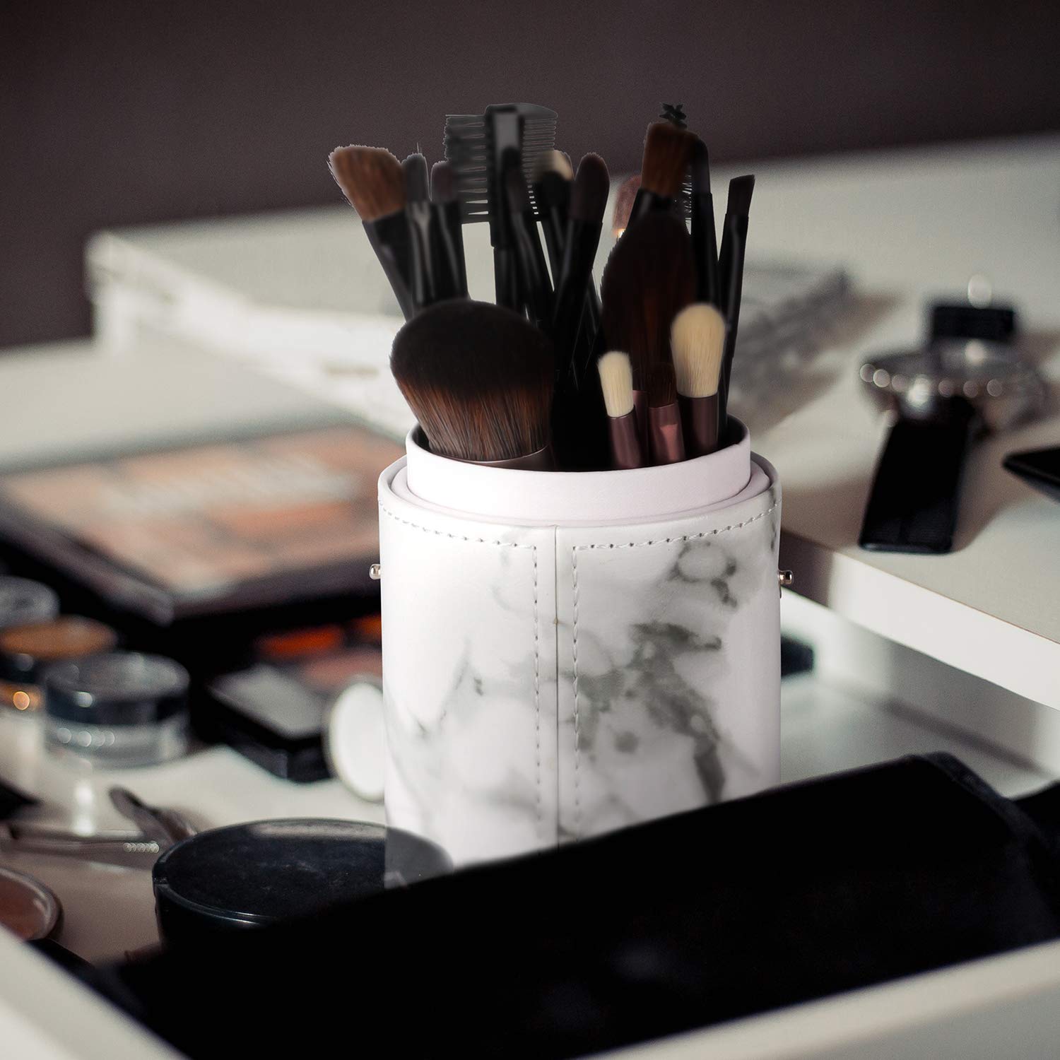 Makeup Brush Holder Travel Brushes Case Bag Cup Storage Dustproof for Women (Marble)