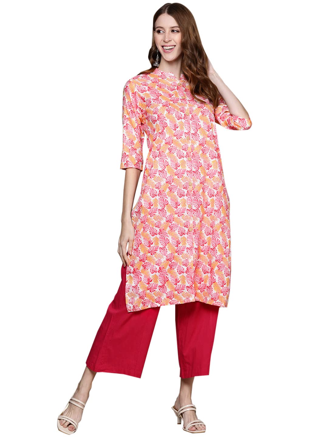 Anubhutee Women'S Cotton Pink Floral Printed Straight Kurta