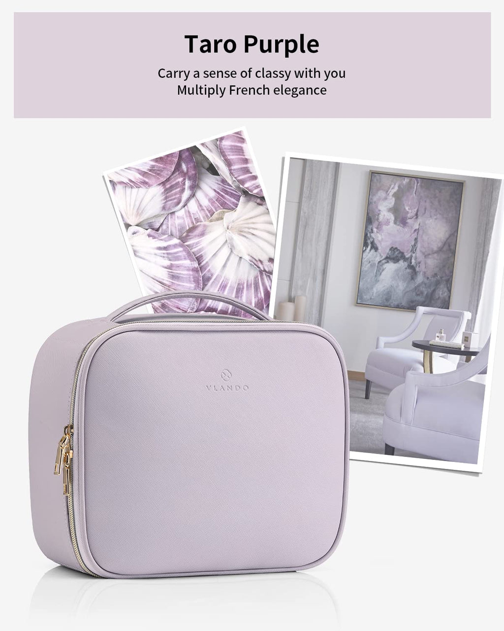Vlando Makeup Bag Travel Cosmetics Bag Faux Leather Make up Bag Portable Artist Storage Bag with Adjustable Dividers for Cosmeti