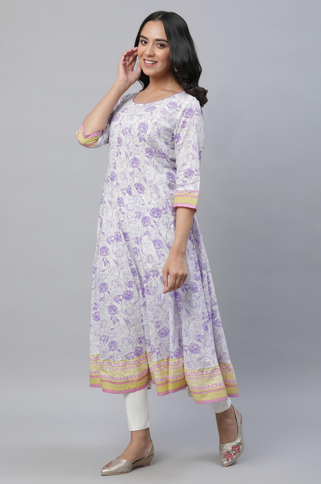 Aurelia White Cotton Floral Printed Printed Anarkali Kurta For Women