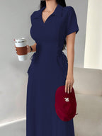 Shasmi Womens Navy Blue Solid Color Applique Lace-Up Collared Short Sleeve, Side-Tie Waist Long Casual Maxi Women Dress Outfit L