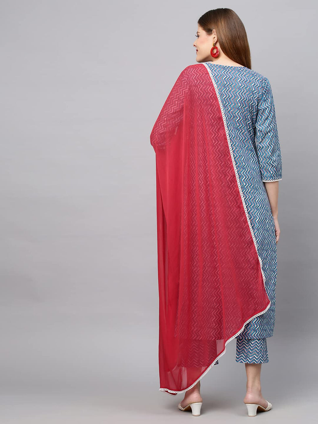 Gosriki Women'S Cotton Blend Printed Straight Kurta With Pant & Dupatta (Pinkari-Go)