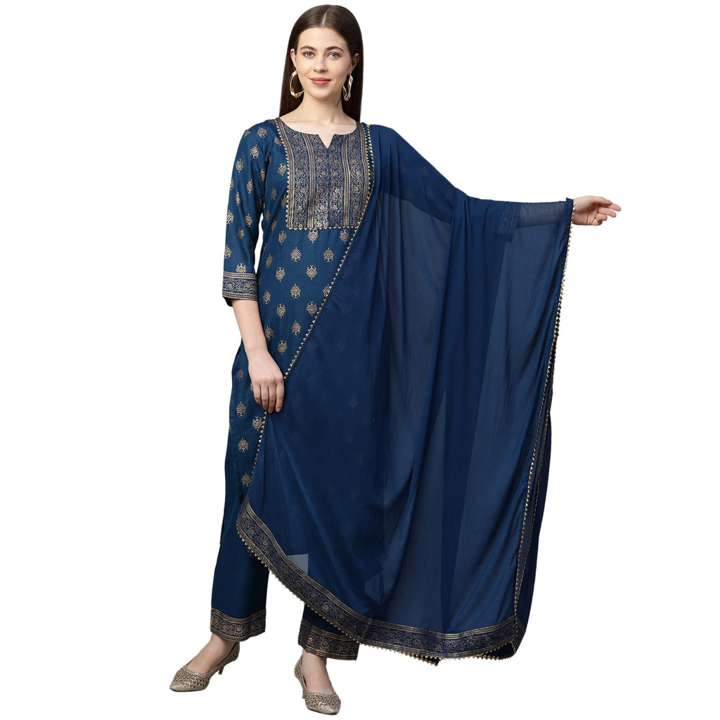 ANNI DESIGNER Womens Cotton Straight Kurta with Pant & Dupatta (KPTD-COT-10132-BLUE_S_Blue_Small)