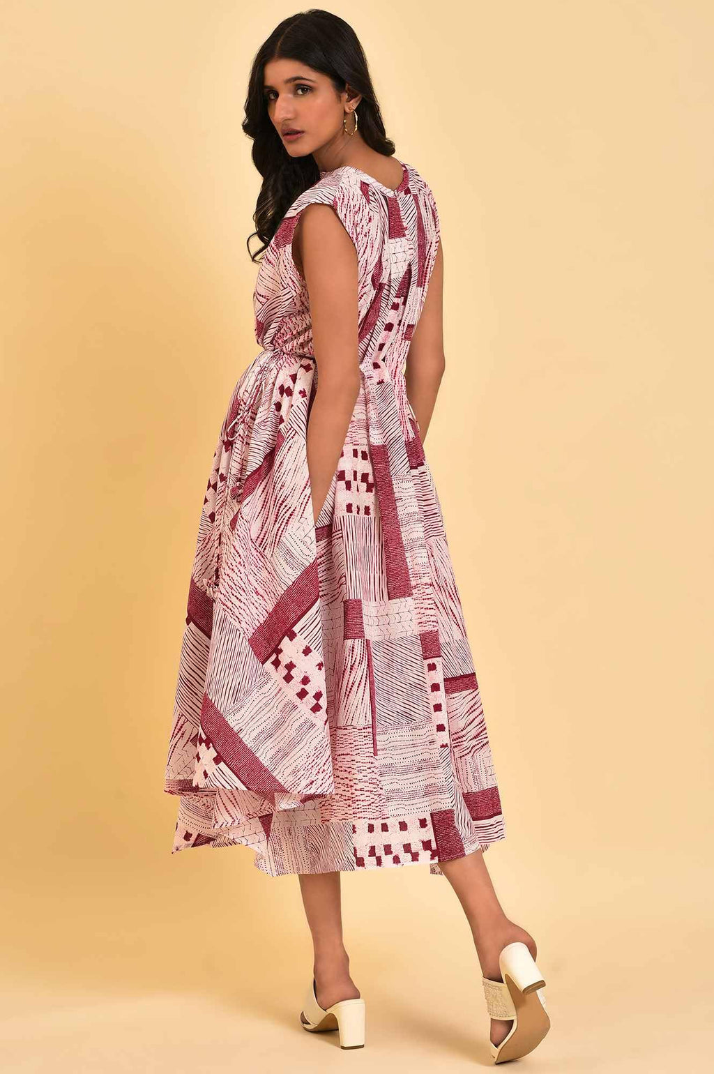 W For Woman WomenS Cotton Red Abstract Printed Flared Vacay Dress Ankle Length 23Few18769-120826 Bud