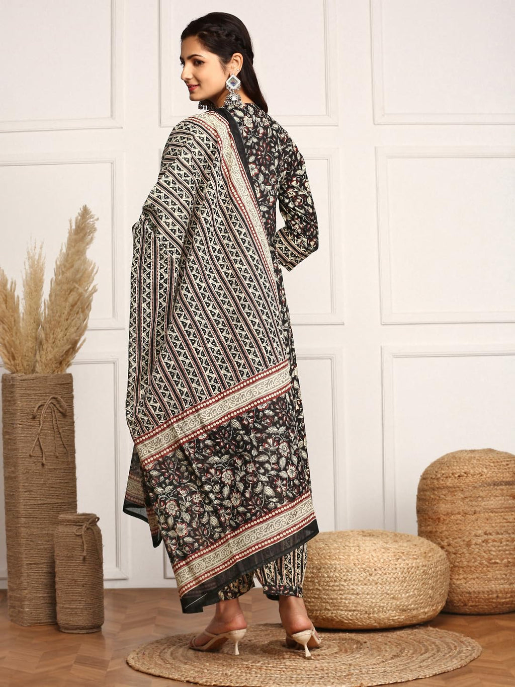 Ishin Kalamkari Embellished Cotton Kurta With Afghani Pants & Flowy Mulmul Dupatta | Kurta Set For Women | Kurta With Trousers A