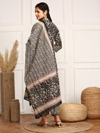Ishin Kalamkari Embellished Cotton Kurta With Afghani Pants & Flowy Mulmul Dupatta | Kurta Set For Women | Kurta With Trousers A