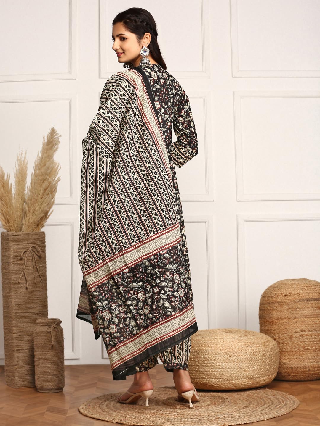 Ishin Kalamkari Embellished Cotton Kurta With Afghani Pants & Flowy Mulmul Dupatta | Kurta Set For Women | Kurta With Trousers A