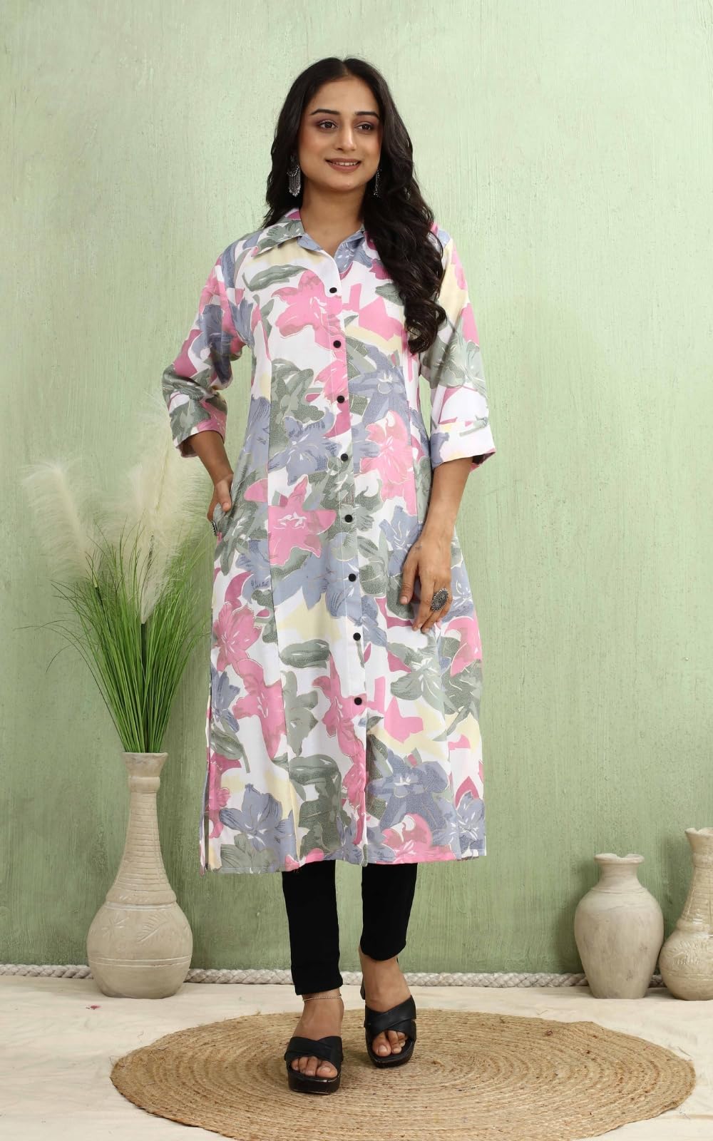 Kesudi A Line Dresses For Women Western Rayon Floral One Piece Dress For Women | Stylish Flared Roll Tab Sleeve | Knee Length Mi