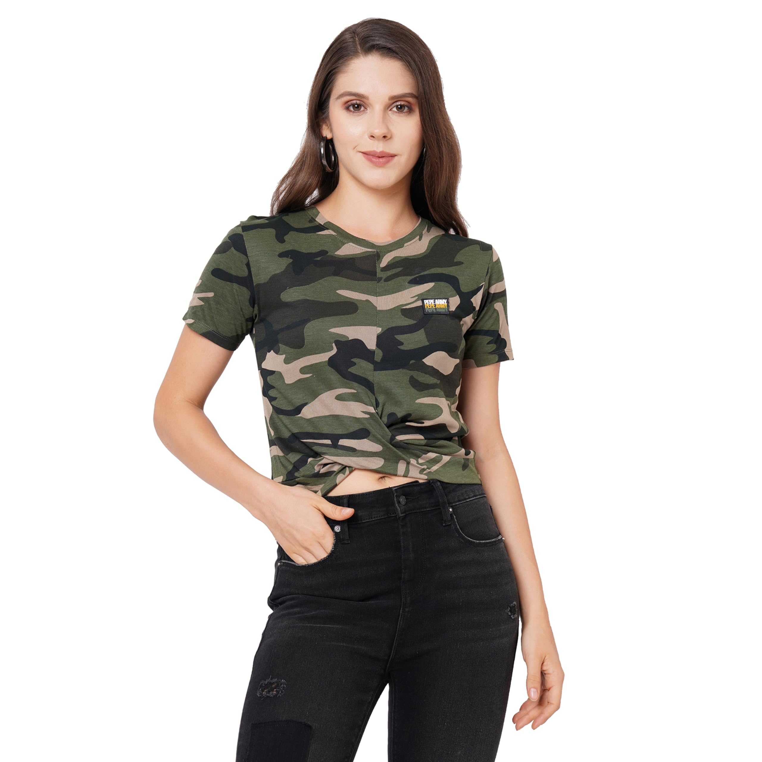 Pepe Jeans Printed Viscose Crew Neck Womens T-Shirt (Olive, Extra Large)