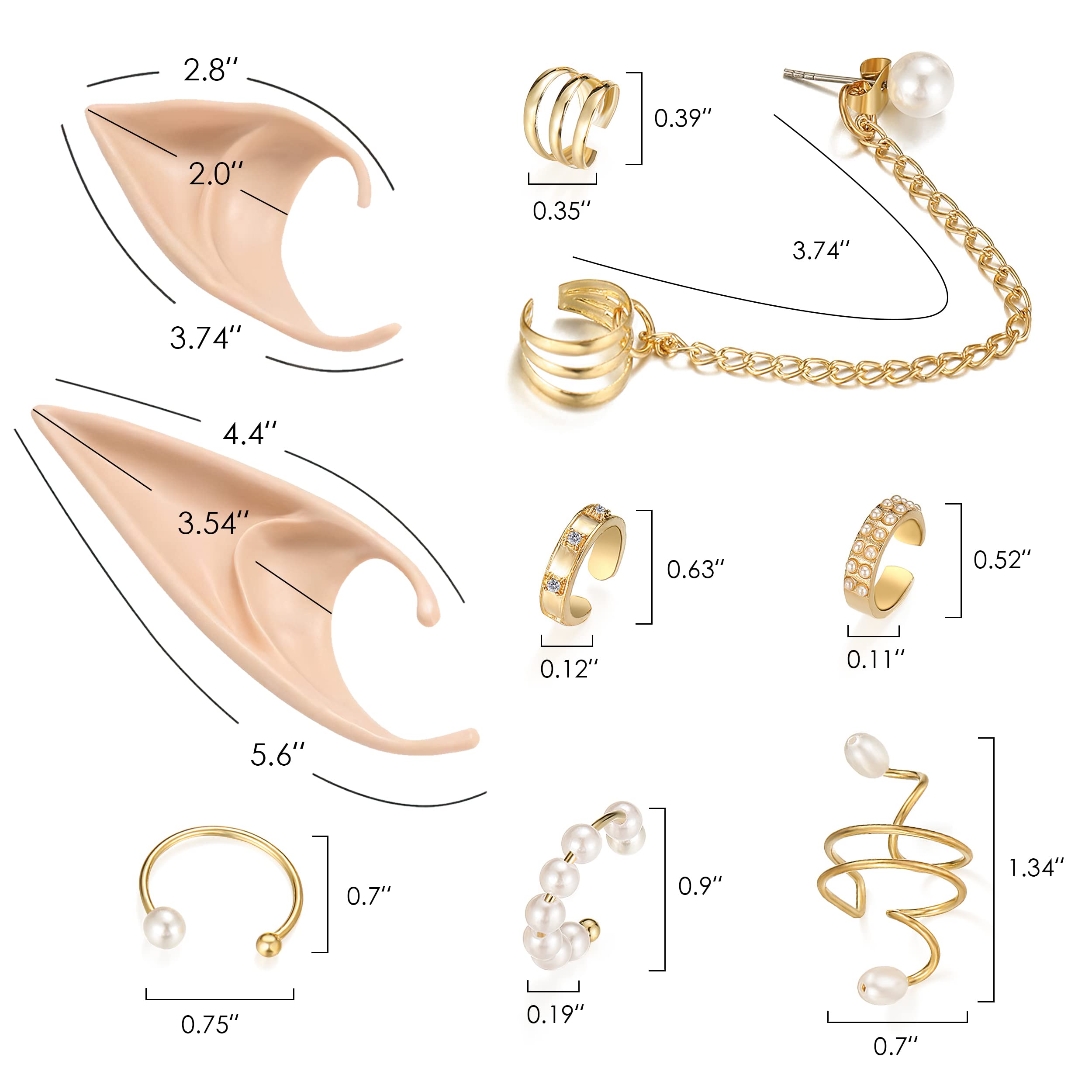 FRESHME Elf Ears with Piercings Earring Cuffs Set - Cosplay Fairy Pixie Ears with Pearl Earrings Chain Set, Non-Piercing Cartila