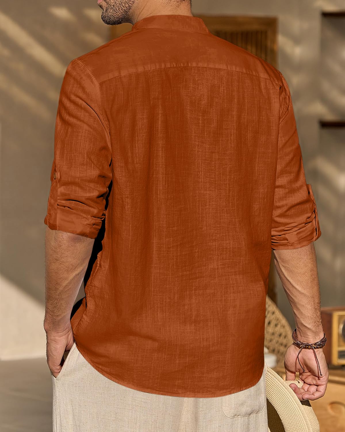 Zombom MenS Cotton Blend Solid Full Sleeve Short Kurta Shirt With Mandarin Collar Brown