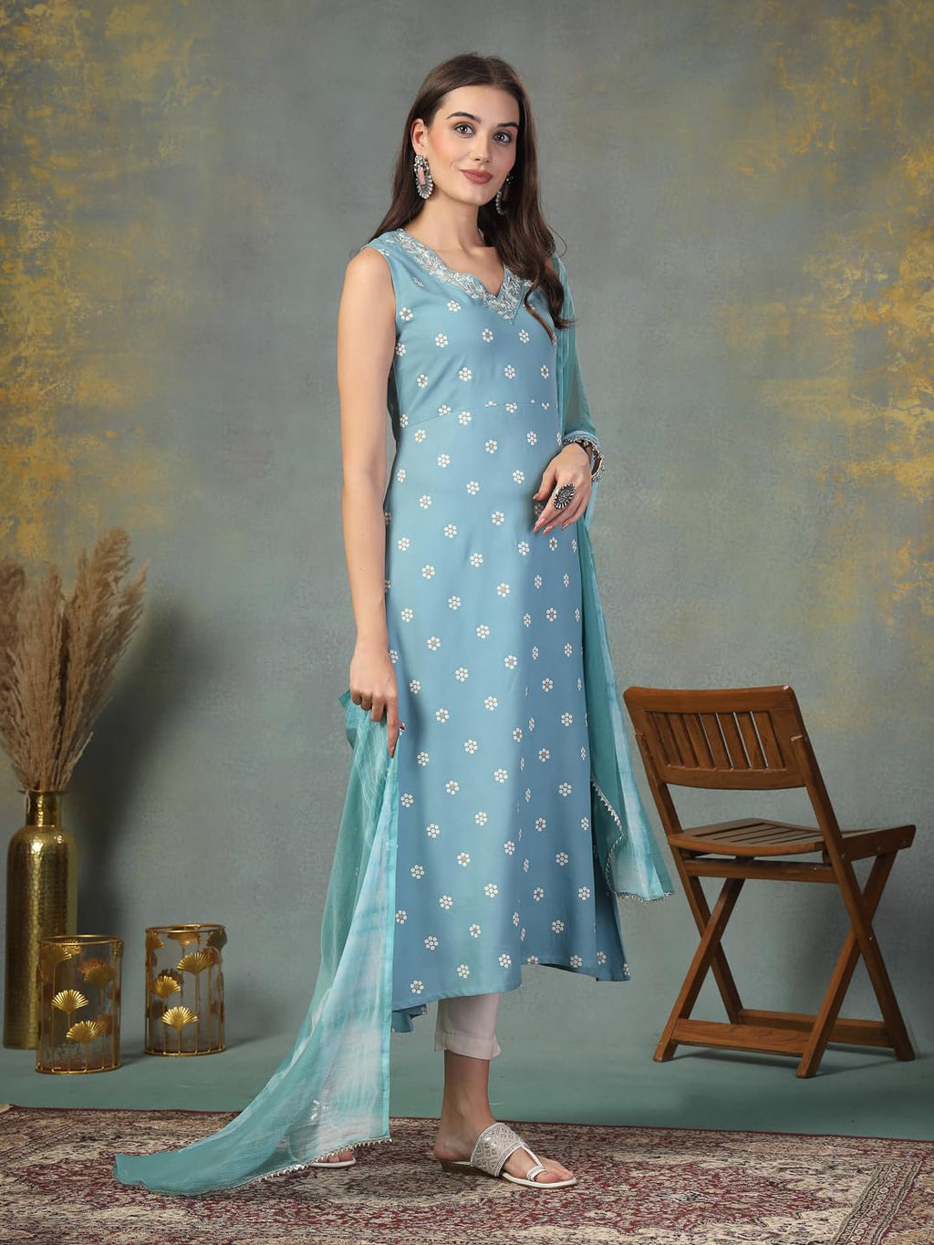 Stylum WomenS Floral Printed & Embroidered Rayon A-Line Kurta Dupatta Set