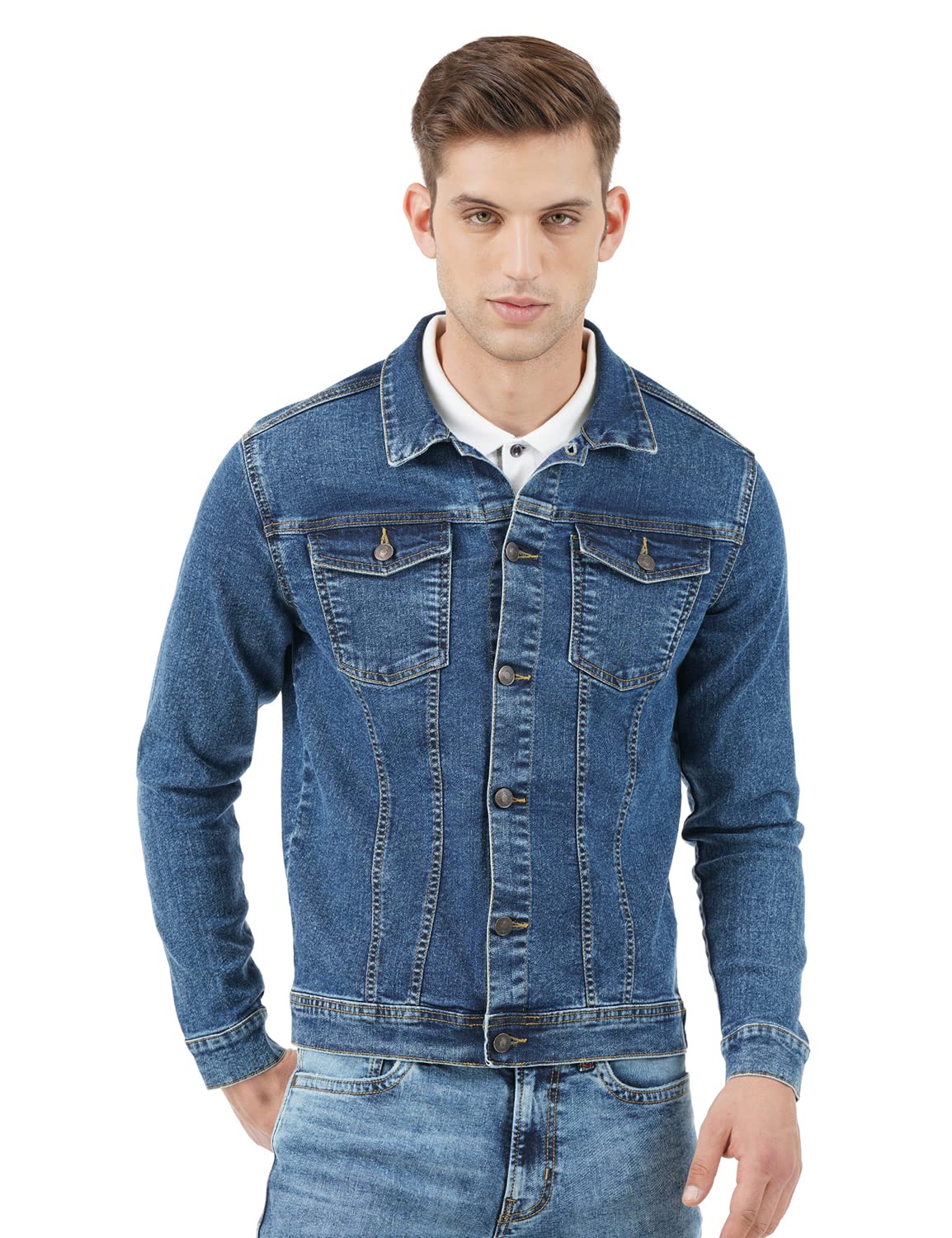 INKD Mens Standard Length Cotton Blend Stretch Denim Jacket (INDIGO - Denim divine, Large)