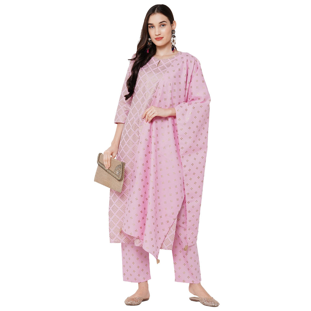 ANNI DESIGNER Women's Cotton Foil Printed Kurta with Palazzo and Dupatta (RAJU PINK STYL_L_Pink_Large)
