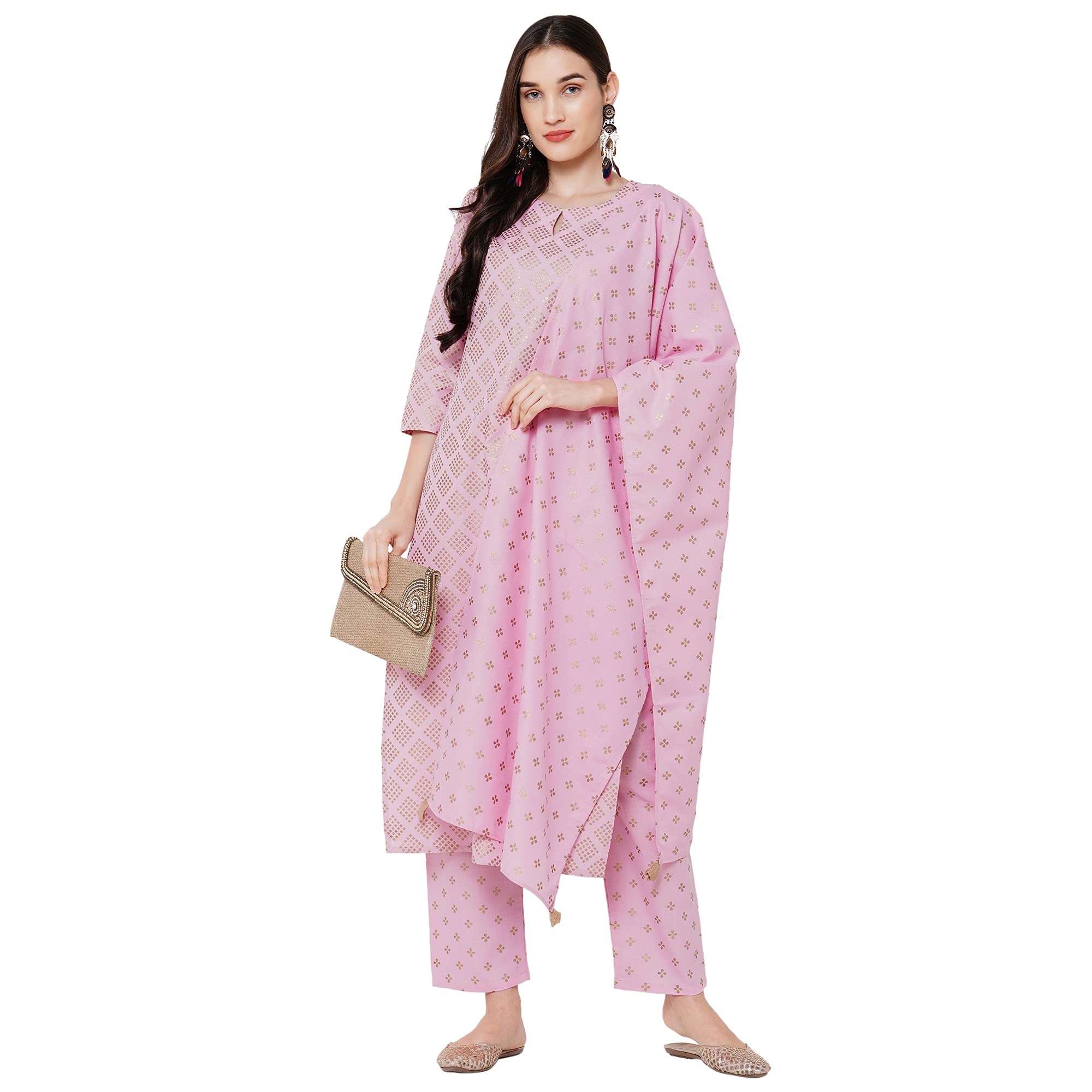 ANNI DESIGNER Women's Cotton Foil Printed Kurta with Palazzo and Dupatta (RAJU PINK STYL_L_Pink_Large)