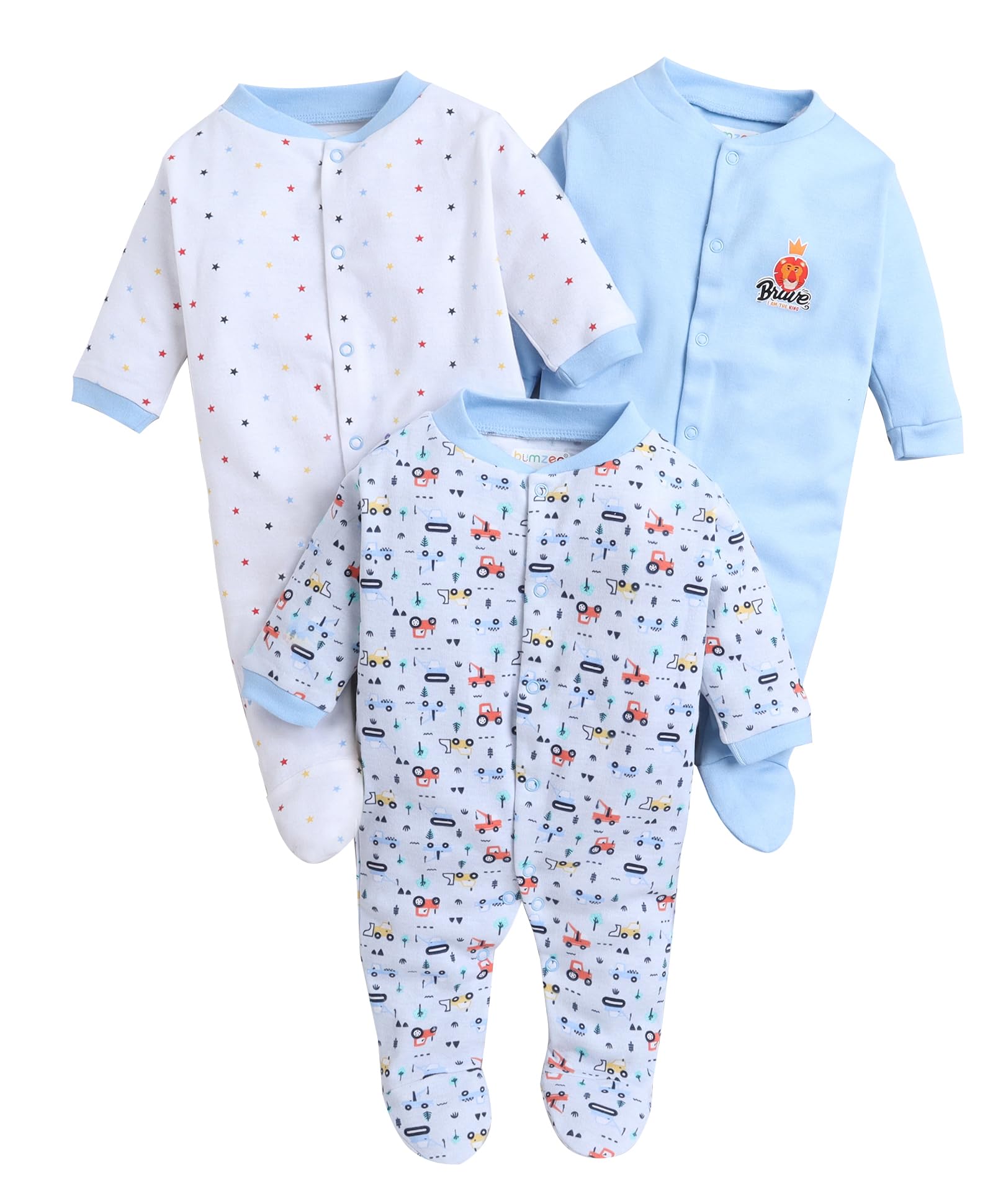 Bumzee White & Light Blue Baby Boys Full Sleeves Sleepsuit Pack Of 3 Age - 9-12 Months (Peb8628E-Wht.Lbl)