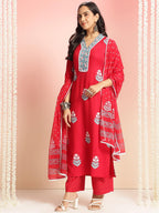 ANNI DESIGNER Womens Rayon Viscose Printed Straight Kurta with Pant & Dupatta (Belagavi Red-VKS05_L_Red_Large)