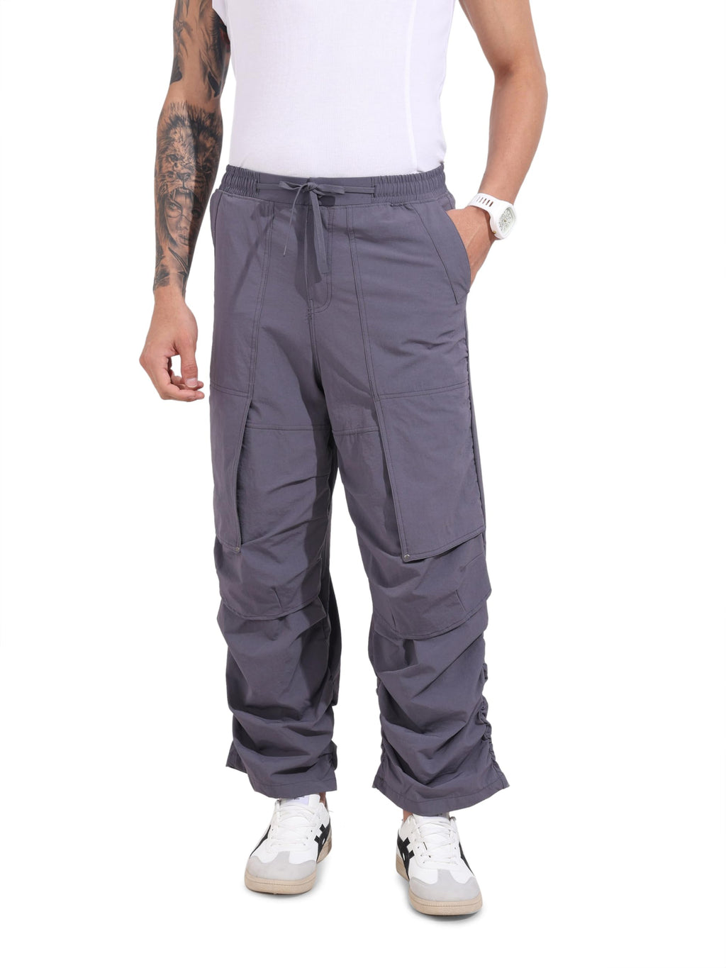 The Indian Garage Co Mens Mid-Rise Stretchable Baggy Parachute Trousers Pants