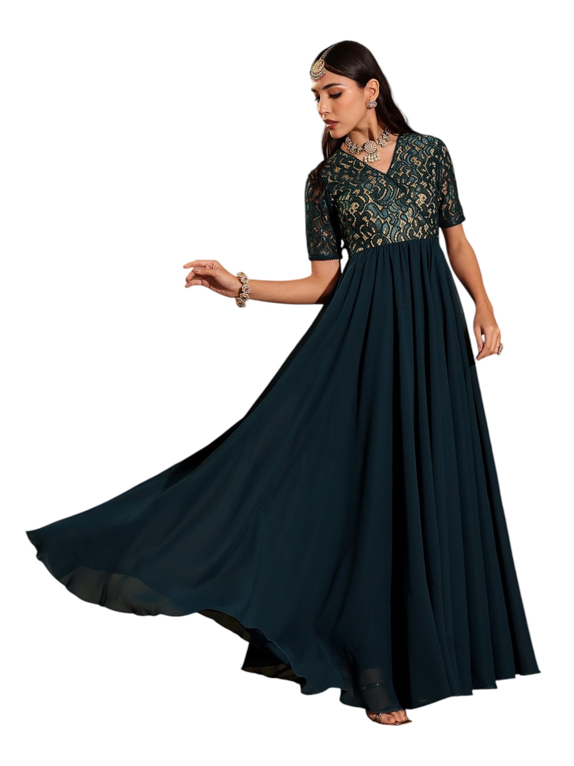 Miss Chase Womens Teal V-Neck Half Sleeve Self Designed Wrap Georgette Maxi Dress (MCSS25D92-33-83-06, Teal, XL)