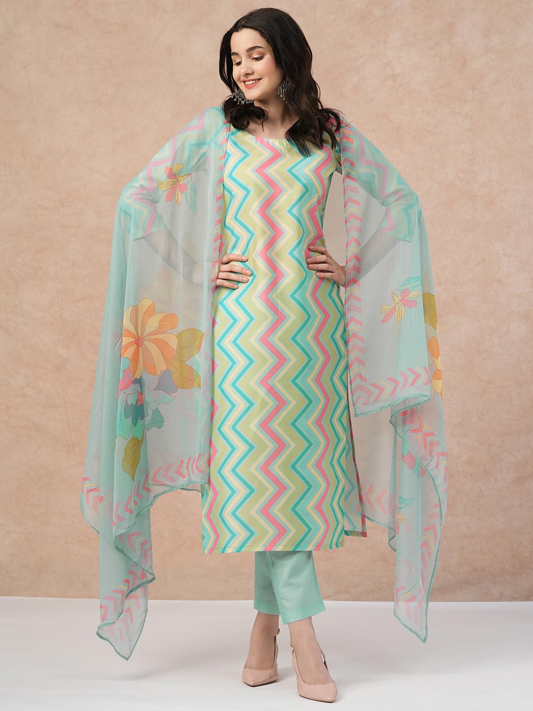 ANNI DESIGNER Women s Rayon Blend Kurta with Trousers and Dupatta, Pista, XL